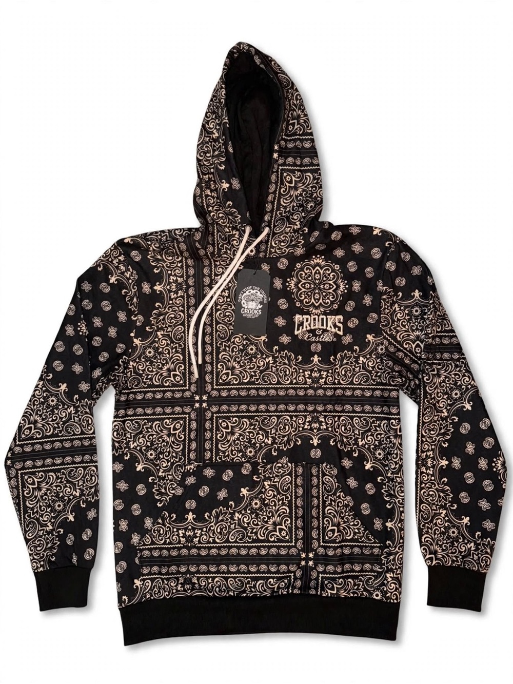 Crooks & Castles Black Hoodie with Beige Bandana Print (Rare)